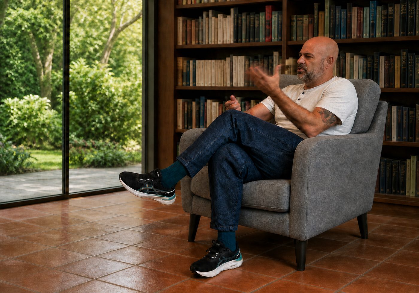 Ivano Porpora seduto in poltrona davanti a una parete di libri, mentre spiega gesticolando durante una lezione